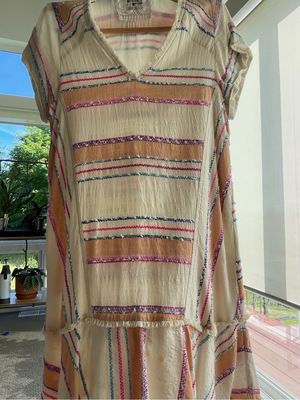 Macy's Cream Midi Dress with Pink, Blue and Tan Stripes